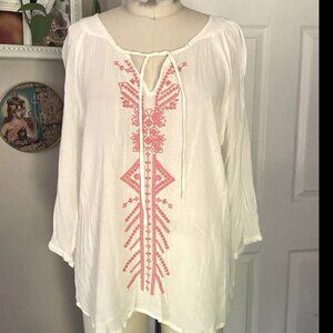 Ali & KRIS White GAUZE Seersucker BOHO Embroidered Lounge Tunic shirt *SMALL*